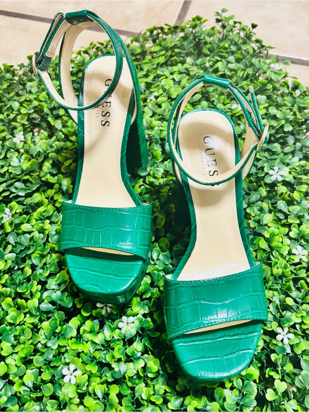 Guess Green Croc-Textured Ankle-Strap Block Heels